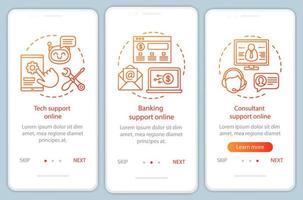 écran de page d'application mobile d'intégration en ligne du support client avec des concepts linéaires. instructions graphiques des étapes de la procédure pas à pas des services interactifs du client. modèle vectoriel ux, ui, gui avec illustrations