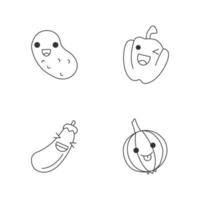 légumes personnages linéaires kawaii mignons. pomme de terre et oignon heureux. papper riant et aubergine. jeu d'icônes de fine ligne. illustration vectorielle contour isolé. trait modifiable vecteur