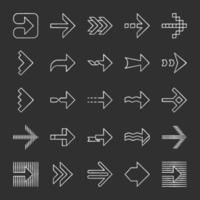 types de flèches ensemble d'icônes de craie. pointes de flèches ondulées, crantées et rayées. flèches suivantes pointillées, tordues, pointillées. signe pointant vers la droite. symbole de navigation. mouvement de direction. illustrations de tableau de vecteur isolé