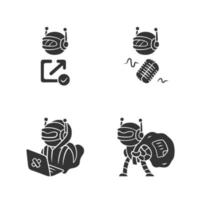 Ensemble d'icônes de glyphe de types de bot. pirate informatique, vérificateur de backlink, robots de grattage. robot malveillant. intelligence artificielle, ai. optimisation web. symboles de silhouette. illustration vectorielle isolée vecteur