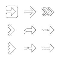 ensemble d'icônes linéaires flèches droites. flèches courbes, pointillées, tordues à côté, vers l'avant. aiguille. pointe de flèche indiquant vers la droite. symboles de contour de ligne mince. illustrations de contour de vecteur isolé. trait modifiable