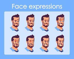 le personnage de dessin animé d'homme barbu fait face à un ensemble de vecteurs. homme d'affaires avec différentes expressions faciales illustrations plates. avatar diverses émotions, humeurs. têtes isolées de personne, portraits pour pack d'animation vecteur