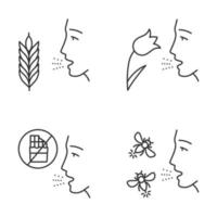 Ensemble d'icônes linéaires d'allergies. rhume des foins, allergie alimentaire et piqûres d'insectes. sources d'allergènes. problème médical. symboles de contour de ligne mince. illustrations de contour de vecteur isolé. trait modifiable