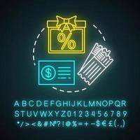 icône de lumière néon concept bons d'achat. outils de marketing de référence. smm, réseaux sociaux. billets, argent, ventes et cadeaux. signe lumineux avec alphabet, chiffres et symboles. illustration vectorielle vecteur