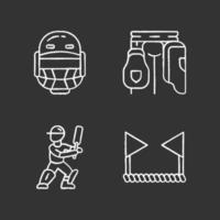 Jeu d'icônes de craie de championnat de cricket. tournoi sportif. casque, protège-cuisses, batteur, corde de délimitation. jeu d'équipe de batte et de balle. préparation de la compétition. illustrations de tableau de vecteur isolé