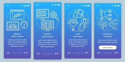 le marketing numérique bénéficie d'un modèle vectoriel d'écran de page d'application mobile d'intégration de dégradé bleu. Procédure pas à pas du site Web avec des illustrations linéaires. concept d'interface de smartphone ux, ui, gui