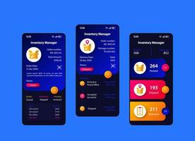 Ensemble de modèles vectoriels d'interface de smartphone de gestionnaire d'inventaire. disposition de conception bleue et noire de la page de l'application mobile. commandes et écran de livraison. interface utilisateur plate pour l'application. gestion de la chaîne logistique. affichage du téléphone vecteur