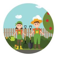 illustration vectorielle de jardin fond. agriculteur jardinier homme et femme dans un style plat moderne vecteur
