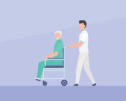 une infirmière marche avec des patients handicapés en fauteuil roulant avec un style plat simple vecteur