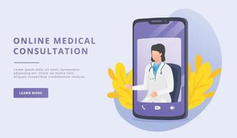 consultation médicale en ligne avec une femme médecin pour un modèle de site Web ou une page d'accueil de destination vecteur