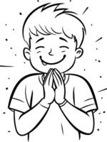 illustration de une content garçon prier avec le sien mains étreint ensemble vecteur