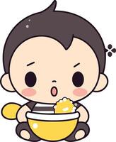 illustration de une mignonne bébé garçon en mangeant une bol de riz vecteur