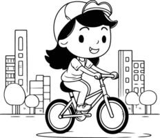 fille équitation une bicyclette dans le ville dans dessin animé style. vecteur