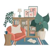 l'intérieur du salon de style scandinave. la palette bohème. fauteuil, bibliothèque, fleurs d'intérieur. le chat dort sur le tapis. vecteur.