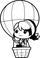 mignonne dessin animé fille en volant dans chaud air ballon. vecteur