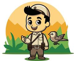 mignonne garçon scout avec oiseau dessin animé illustration eps dix. vecteur