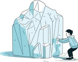 illustration de une homme bâtiment la glace bloc. main tiré dessin animé style. vecteur