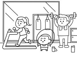 famille faire des exercices à Gym coloration pages style. vecteur