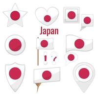 divers Japon drapeaux ensemble sur pôle, table drapeau, marquer, étoile badge et différent formes insignes. patriotique Japonais autocollant vecteur