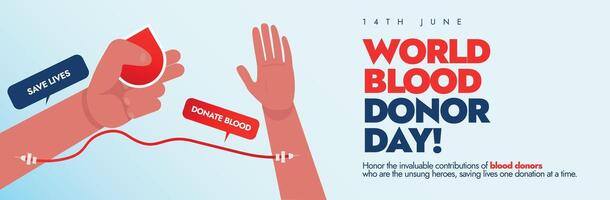 monde du sang donneur journée. 14e juin monde du sang donneur journée fête couverture bannière, social médias Publier avec du sang transfuser de un main à un autre main. économie vies par faire un don sang. vecteur