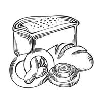 pain pain bretzel et cannelle chignon avec rond pain. boulangerie marchandises, blé et seigle. illustration linéaire, isolé. esquisser nourriture des produits. modèle pour emballage, livre de recettes, menu, vitrine, site Internet. vecteur