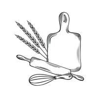 ustensiles de cuisine, cuisson outils. oreilles de blé. Coupe conseil, roulant épingle et fouet. plat illustration linéaire, isolé. en bois instrument. modèle pour emballage, livre de recettes, menu, vitrine, site Internet. vecteur