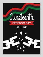 juneteenth fête verticale affiche modèle. Facile Contexte avec cassé chaînes, Chaînes et la poêle africain drapeau. Afro-américain indépendance journée. plat illustration. vecteur