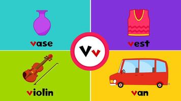 lettre v v carte flash pour des gamins avec 4 mots vase violon gilet van vecteur