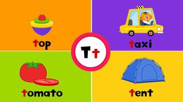 lettre t t carte flash pour des gamins avec 4 mots Haut tomate tente Taxi vecteur