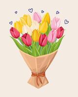 bouquet de tulipes avec cœurs dans une papier sac. vecteur