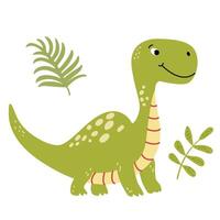 charmant illustration de une mignonne vert dinosaure dans une plat style. amical et espiègle conception est idéal pour enfants livres, T-shirt, garderie décor, salutation cartes, fête invitations vecteur
