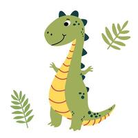 charmant illustration de une mignonne vert dinosaure dans une plat style. amical et espiègle conception est idéal pour enfants livres, T-shirt, garderie décor, salutation cartes, fête invitations vecteur