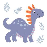 charmant illustration de une mignonne violet dinosaure dans une plat style. amical et espiègle conception est idéal pour enfants livres, T-shirt, garderie décor, salutation cartes, fête invitations vecteur