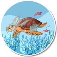 tortue coincée avec un autocollant de dessin animé poubelle en plastique vecteur