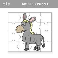 jeu de puzzle de dessin animé pour les enfants d'âge préscolaire avec un drôle d'animal de ferme d'âne vecteur