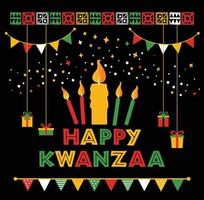 illustration vectorielle de kwanzaa. symboles africains de vacances avec lettrage, bougies sur fond noir.