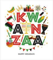 illustration vectorielle de kwanzaa. symboles africains de vacances avec lettrage sur fond blanc.