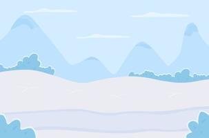 matin dans les montagnes d'hiver illustration vectorielle de couleur plate. terre gelée pittoresque pendant la journée. neige sur les collines hivernales. paysage panoramique de dessin animé 2d avec des crêtes et des pics en arrière-plan vecteur