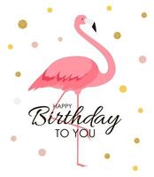 Flamant rose de dessin animé coloré sur une belle carte de voeux d'arrière-plan pour les voeux d'anniversaire. illustration vectorielle vecteur