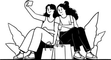 une nettoyer et moderne plat conception illustration de deux les filles séance avec certains achats Sacs et prise selfie. vecteur