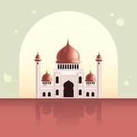 une image de une mosquée avec une rouge Contexte et une réflexion de une bâtiment dans le l'eau vecteur