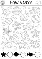 compte et forme reconnaissance noir et blanc Jeu avec mignonne étoile de mer, coquillage, poisson. math ligne activité pour préscolaire enfants. en dessous de le mer Facile imprimable feuille de travail. océan la vie coloration page vecteur