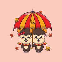 mignonne couple RAM mouton avec parapluie à l'automne saison vecteur