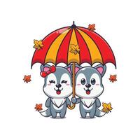 mignonne couple Loup avec parapluie à l'automne saison vecteur