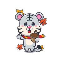 mignonne blanc tigre avec glands à l'automne saison. mascotte dessin animé illustration adapté pour affiche, brochure, la toile, mascotte, autocollant, logo et icône. vecteur