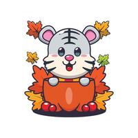 mignonne blanc tigre dans une citrouille à l'automne saison. mascotte dessin animé illustration adapté pour affiche, brochure, la toile, mascotte, autocollant, logo et icône. vecteur