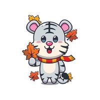 mignonne blanc tigre en portant l'automne feuille. mascotte dessin animé illustration adapté pour affiche, brochure, la toile, mascotte, autocollant, logo et icône. vecteur