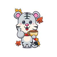 mignonne blanc tigre avec café dans l'automne saison. mascotte dessin animé illustration adapté pour affiche, brochure, la toile, mascotte, autocollant, logo et icône. vecteur