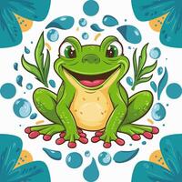 dessin animé grenouille avec l'eau gouttes et feuilles vecteur