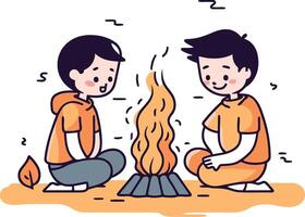 illustration de deux garçons séance par le feu de camp et chauffage mains. vecteur